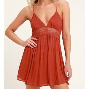 Lulus Crochet Back Boho Dress – Women’s Small Rust Orange Halter Mini